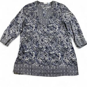 Sigrid Olsen Women’s Blue & White Floral Tunic Top 3/4 Sleeve Size Small